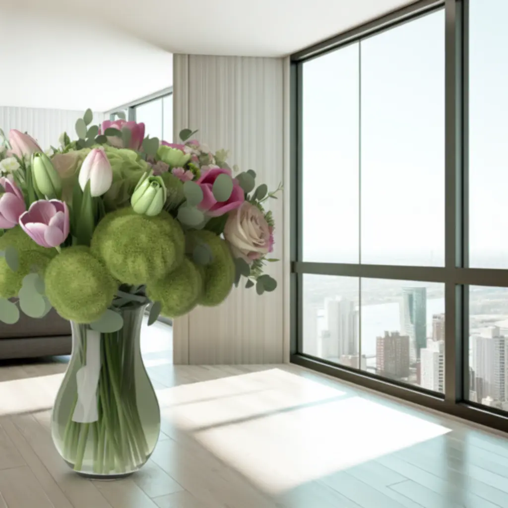 Modern, városi virágkompozíció egy budapesti enteriőrben