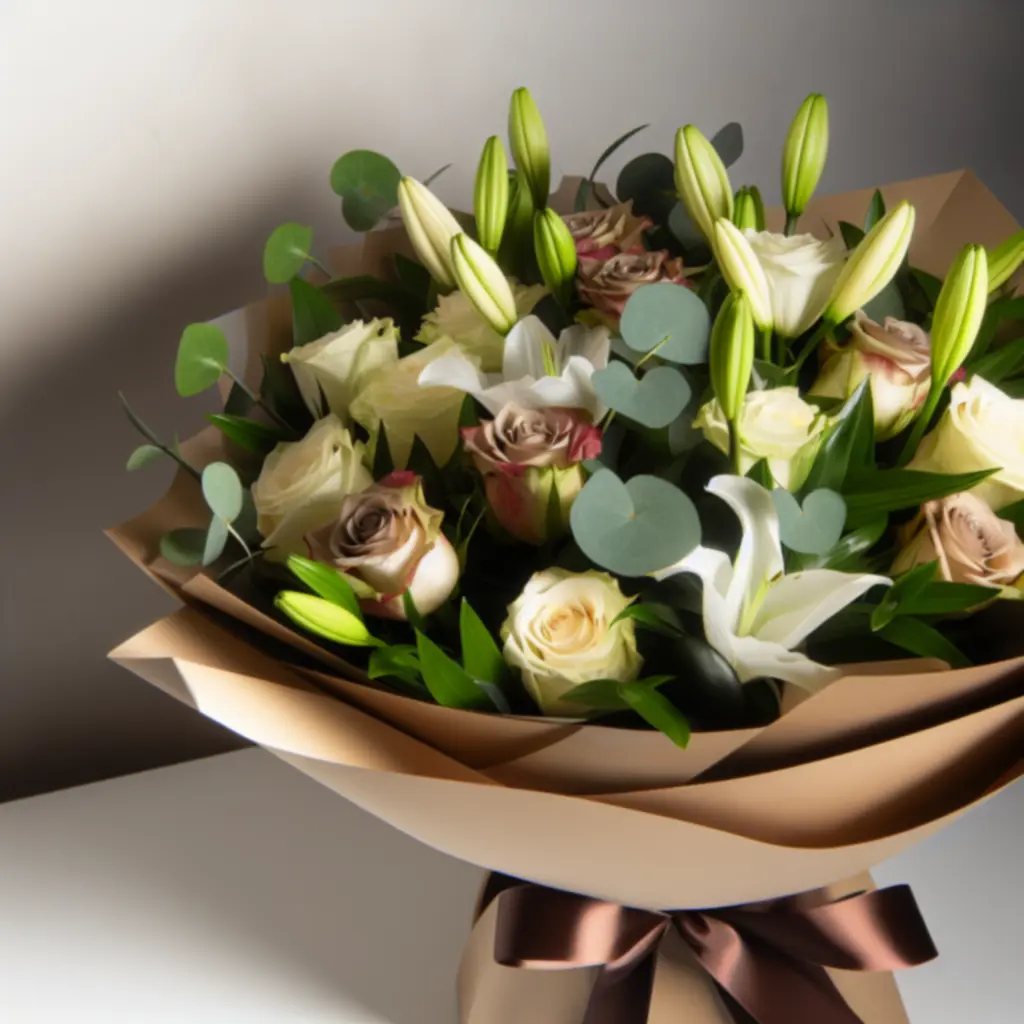 Klasszikus rózsákból és liliomokból kötött elegáns csokor