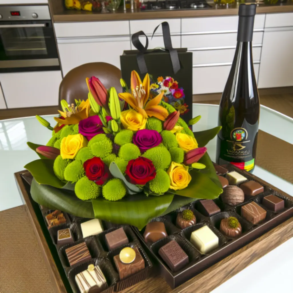 Virágkompozíció gourmet falatokkal és italpárosítással