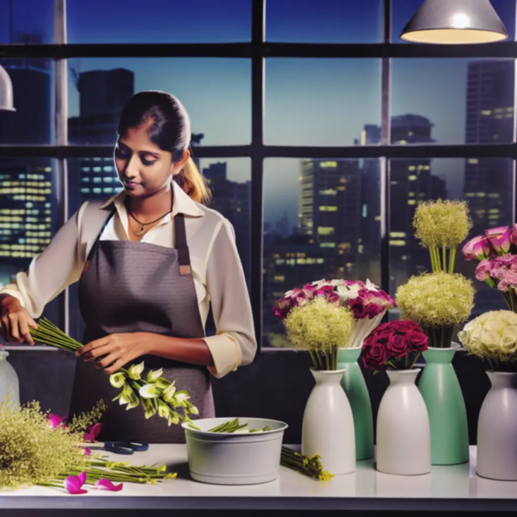 Florista munka közben, modern virágcsokrot készítve a műhelyben