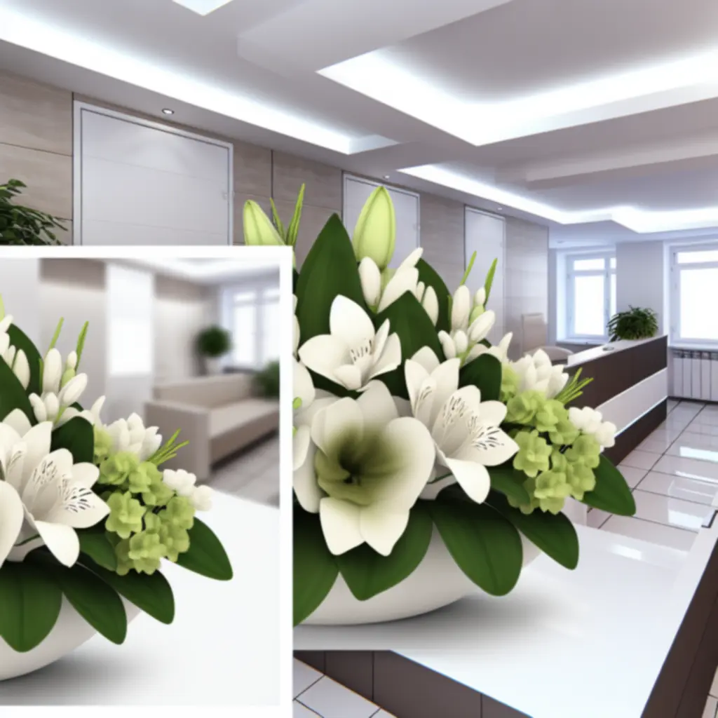Modern irodai térben elhelyezett elegáns virágkompozíciók