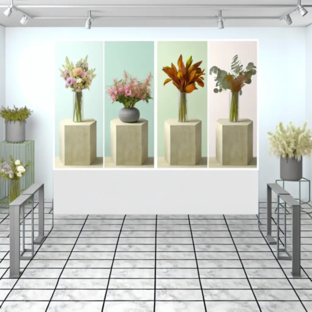 Szezonális virágkompozíciók elegáns, városi kirakatban