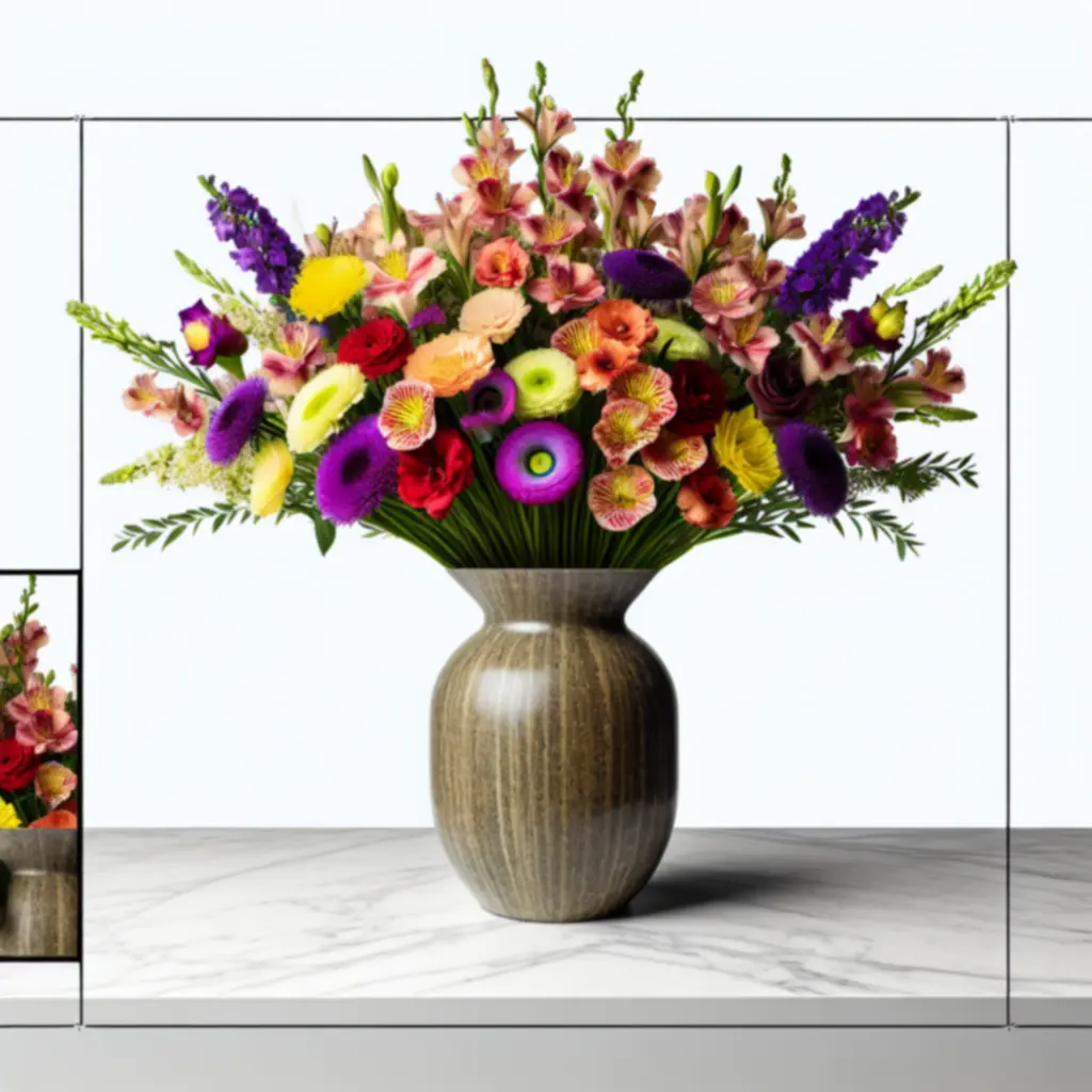 Elegáns, modern vázaegyüttesben elhelyezett urbánus virágkompozíció