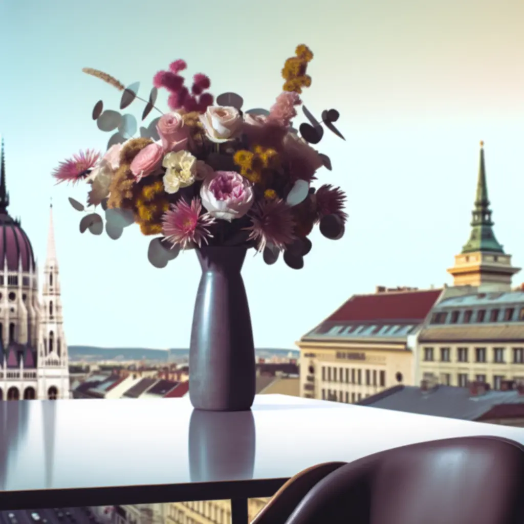 Modern, urbánus stílusú virágkompozíciók elegáns budapesti enteriőrben