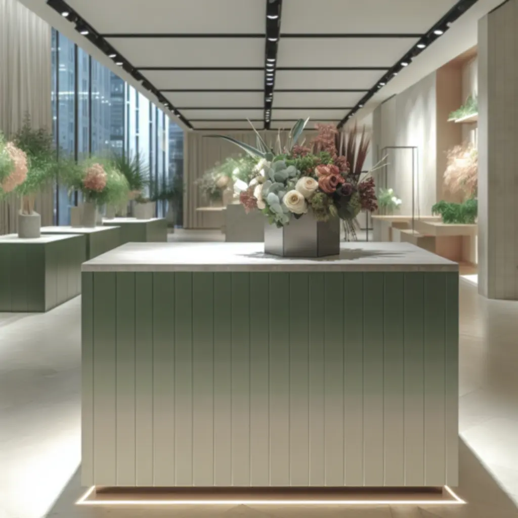 Urban Flower Boutique elegáns virágcsokor bemutató asztalon, városi hangulatú környezetben.