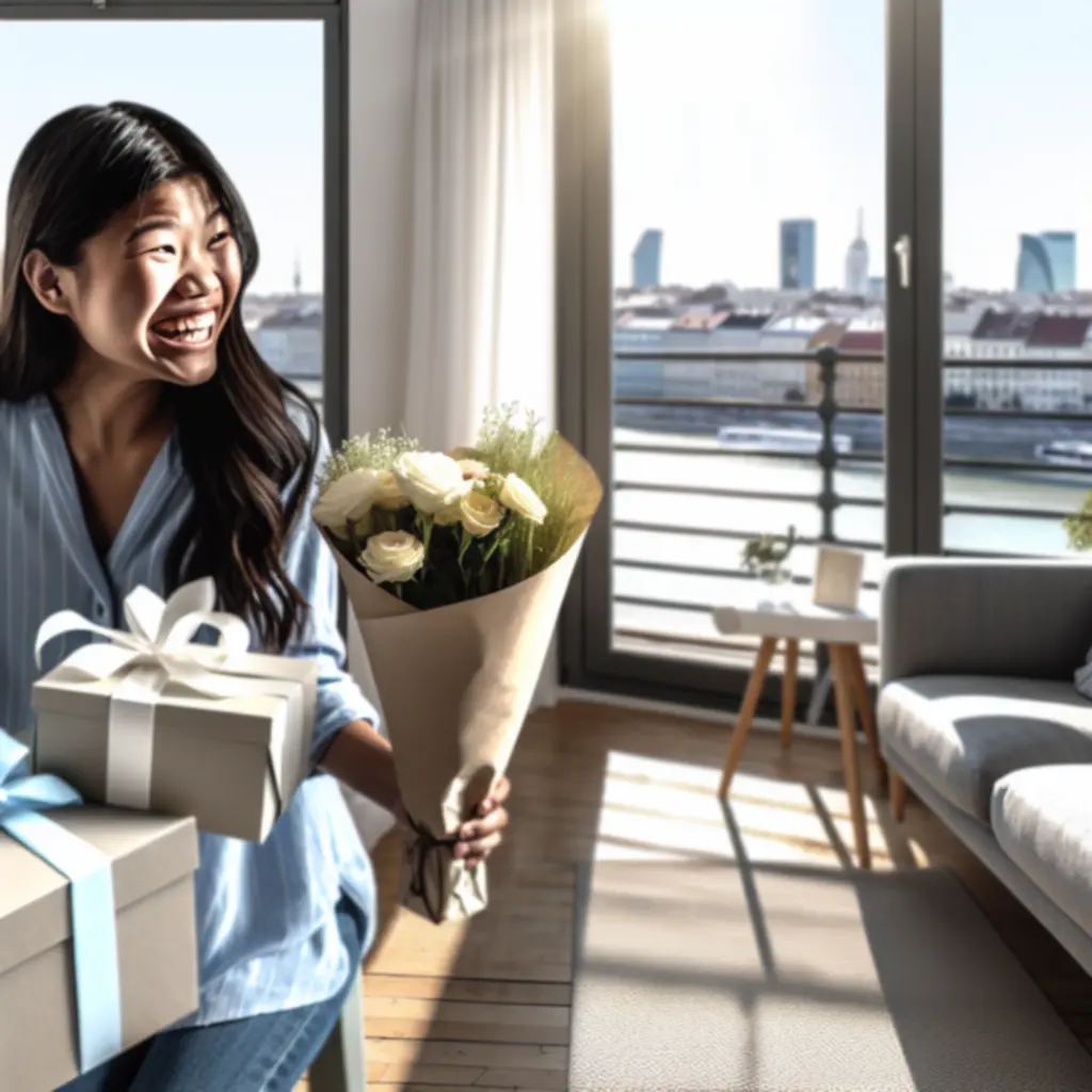 Ügyfél, aki elegáns virágos ajándékot ad át egy városi környezetben