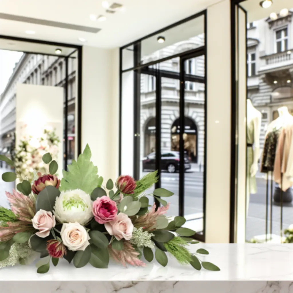 Modern, városi környezetben elhelyezett elegáns virágcsokor